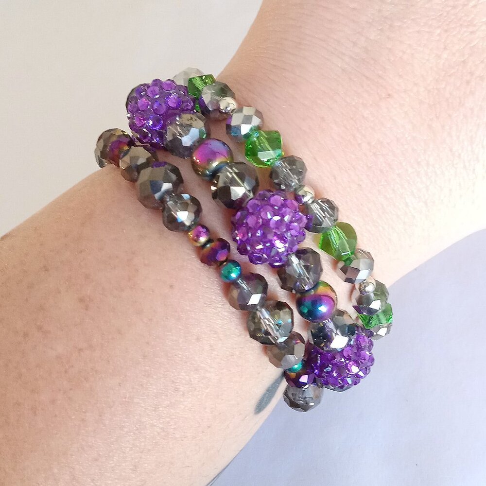 Sparkly Rainbow Stretch Bracelet Stack Smokey Gray, Green, Purple And Silver New